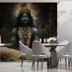 May include: A dark blue and gold deity with eyes closed, sitting in a meditative pose. The deity is surrounded by a dark background with gold accents. The image is a digital illustration.