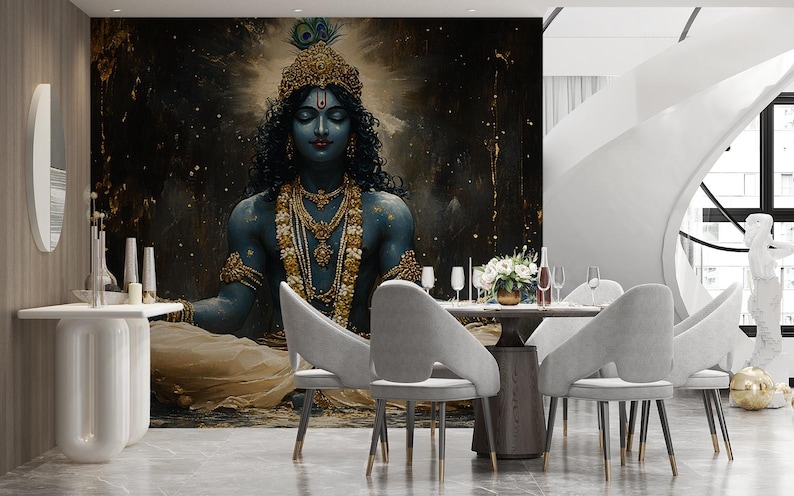 May include: A dark blue and gold deity with eyes closed, sitting in a meditative pose. The deity is surrounded by a dark background with gold accents. The image is a digital illustration.