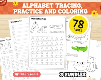 Preschool Pre-K + Kindergarten 3 Learning Bundle | 78 Pages | Tracing Alphabet Worksheets | Coloring | Practice