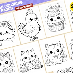 May include: A set of 200 black and white coloring pages featuring cute kawaii characters and objects. The characters include a chick, a cat, a cloud with a rainbow, a cupcake, and a cake. The pages are perfect for kids who love to color and draw.