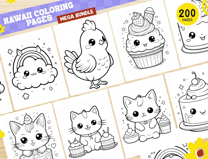 May include: A set of 200 black and white coloring pages featuring cute kawaii characters and objects. The characters include a chick, a cat, a cloud with a rainbow, a cupcake, and a cake. The pages are perfect for kids who love to color and draw.