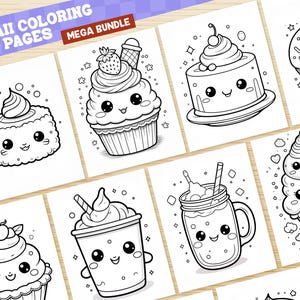 May include: A set of eight black and white coloring pages featuring cute kawaii food illustrations. The illustrations include a cupcake, a donut, a cake, a milkshake, a ice cream cone, a sushi roll, and a smoothie.