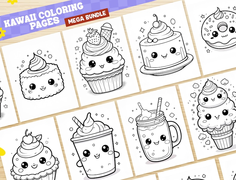 May include: A set of eight black and white coloring pages featuring cute kawaii food illustrations. The illustrations include a cupcake, a donut, a cake, a milkshake, a ice cream cone, a sushi roll, and a smoothie.