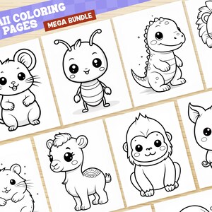 May include: A set of 10 black and white coloring pages featuring cute kawaii animals. The animals include a mouse, a bug, a dinosaur, a lion, a pig, a monkey, a camel, and a hamster. The pages are perfect for kids who love to color and draw.