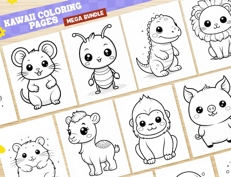 May include: A set of 10 black and white coloring pages featuring cute kawaii animals. The animals include a mouse, a bug, a dinosaur, a lion, a pig, a monkey, a camel, and a hamster. The pages are perfect for kids who love to color and draw.