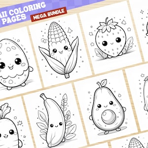May include: A set of 8 black and white coloring pages featuring cute cartoon fruits and vegetables with faces. The images include a pineapple, strawberry, corn, avocado, eggplant, banana, carrot, and a mushroom.