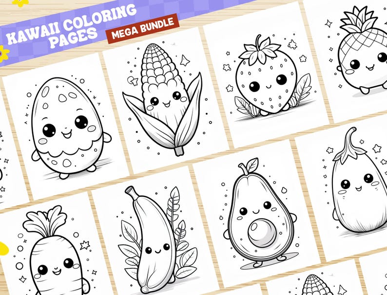 May include: A set of 8 black and white coloring pages featuring cute cartoon fruits and vegetables with faces. The images include a pineapple, strawberry, corn, avocado, eggplant, banana, carrot, and a mushroom.