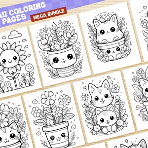 May include: A set of 10 black and white coloring pages featuring cute kawaii cats in flower pots. The pages are perfect for kids and adults who enjoy coloring.