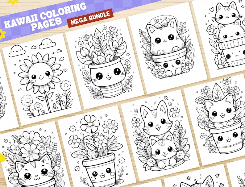 May include: A set of 10 black and white coloring pages featuring cute kawaii cats in flower pots. The pages are perfect for kids and adults who enjoy coloring.