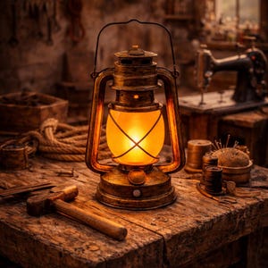 Peut inclure: Une lanterne de style vintage avec une lumière chaude et brillante est posée sur une surface en bois. La lanterne a une finition bronze et un globe en verre. La scène comprend des outils, de la corde et une machine à coudre.