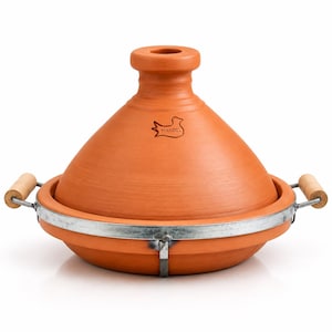 May include: A terracotta tagine cooking vessel with a conical lid featuring a small bird emblem and the text MAROC. The base is secured by a silver-colored metal band with two light-colored wooden handles extending from the sides of the pot.