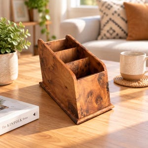 May include: A wooden desk organiser featuring a natural burl wood grain pattern with a warm brown finish. The organiser has an angled top profile and is divided into three distinct vertical compartments for storing items like pens, pencils, or mail.