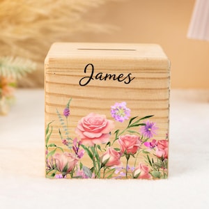 Personalized Birth Flower Piggy Bank for Baby Girl,Newborn Gifts,Wildflower Coin Bank,Wooden Money Box with Name,Birthday Gift for Kid