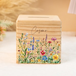 Wooden Money Box with Floral Art,Custom Name Piggy Bank,Baby Shower Gift for Her,Girls Gift,Savings Bank,Coin Banks,Birthday Gifts for Child