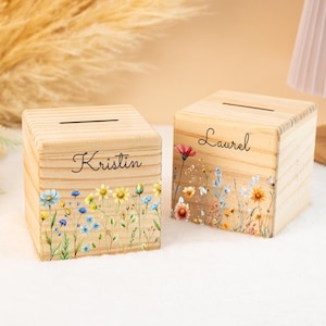 Custom Wooden Money Box with Name,Personalized Piggy Bank,Flower Money Box,Child Piggy Bank,Savings Bank,Gift for Girl,Baptism Gift for Kids