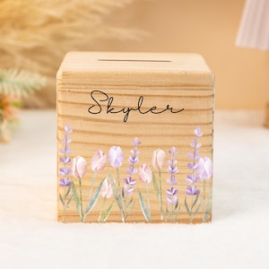 Alcancía de madera personalizada con flores silvestres, alcancía personalizada para niños con nombre, regalos para baby shower, regalo de cumpleaños para niñas, decoración de guardería
