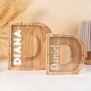 Hucha de madera personalizada con letras del alfabeto, hucha con nombre, hucha para niños, hucha con nombre, hucha de madera, regalo de Navidad para niños, regalo de cumpleaños