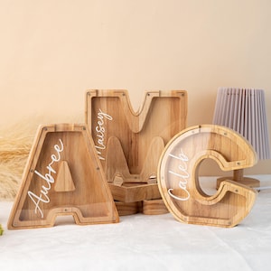 Alcancía de madera grande personalizada con letras para niños, regalo de madera para niños, alcancía con nombre personalizado, alcancía de madera con letras del alfabeto, alcancía de cumpleaños