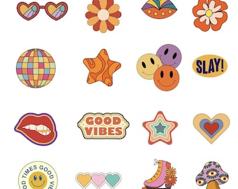 Stickervel Retro Vibes: hippe bloemen, smileys, rolschaatsen (glanzende afwerking)