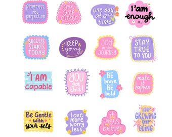 Stickervel positieve bevestigingen: kawaii plannerstickers, decoratief plakboek (glanzende afwerking)