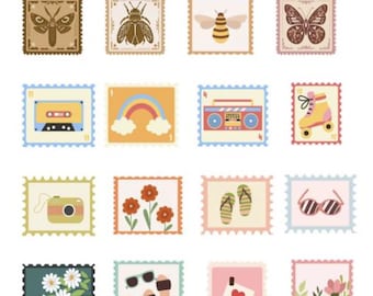 Vintage postzegelstickers: decoratief plakboekpakket, Kiss Cut-stickervel