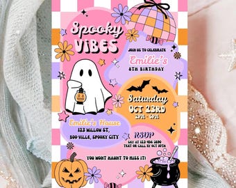 Ambiance effrayante modifiable, fantôme d'Halloween rose, 2e anniversaire, invitation de fête d'anniversaire, fantôme groovy rétro, fête d'Halloween, téléchargement immédiat