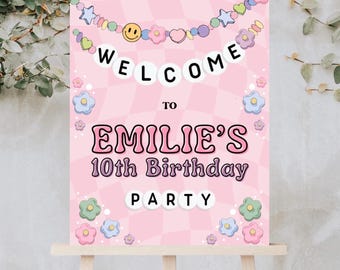 Pulsera de la amistad "En mi cumpleaños", bienvenida, letrero de cumpleaños para niña, plantilla de Canva editable e imprimible para descarga digital.