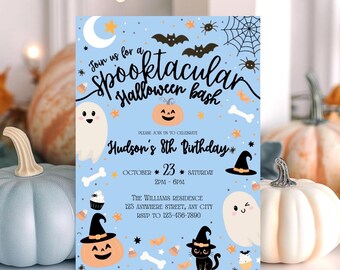 May include: A light blue Halloween party invitation with the text "Spooktacular Halloween bash." The invitation includes illustrations of bats, spiders, ghosts, pumpkins, and a black cat wearing a witch hat. The invitation is for Hudson's 8th birthday.