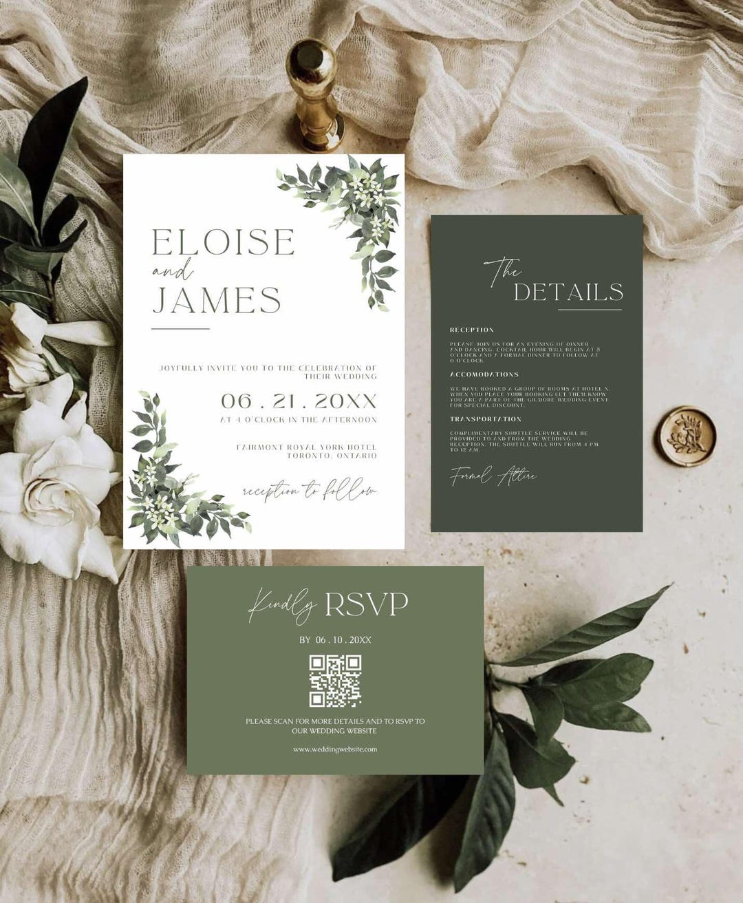 Sage Green Floral Wedding Invitation Suite With Qr Code, Minimal Invite ...