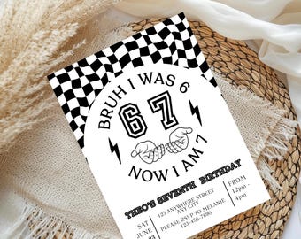 Invitación de cumpleaños Six Seven / Invitación de meme 6/7 en blanco y negro / Cumpleaños de niño / Plantilla editable de Canva / Descarga digital