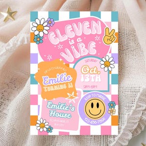 Editable ELEVEN is a Vibe Checkered Smile Face Birthday invite, Groovy Retro birthday, emoji invitation Tween Birthday Girl 11th Birthday
