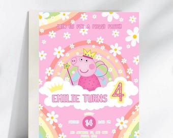 Editable Peppa Pig Birthday Invite, Peppa Pig Theme Birthday, Printable Birthday Card for Girl, Fairy Theme Party, Digital Canva Template