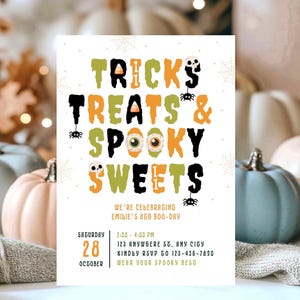 Halloween Party Invitation Template, Editable Trick or Treat Invitation, Tricks Treats and Spooky Sweets