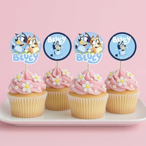 Bluey Cupcake Toppers – Afdrukbare tags, stickers en toppers voor een leuk Bluey-verjaardagsfeestje! Directe download, perfect als feestdecoratie!