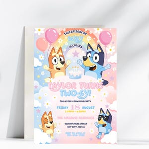 Bluey birthday invitation girl editable Canva, Bluey party invite digital download, printable Bluey invite for girls, custom name age