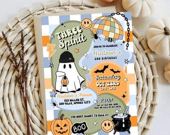 Editable Three Spirit Cute blue Halloween Ghost 2nd Birthday Party Invitation Retro Groovy Ghost Halloween Party Instant Download