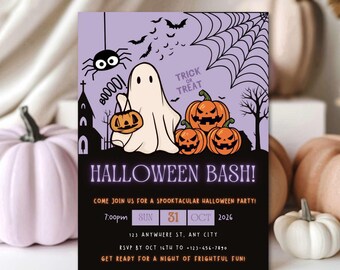 May include: Halloween party invitation with a purple background featuring a ghost, pumpkins, bats, and a spider. The text reads "Halloween Bash!" with party details, including the date, time, and RSVP information.