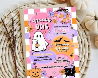May include: A Halloween-themed invitation with a retro design. The invitation features a ghost holding a lantern, a pumpkin, and the text "Spooky ONE." The color scheme includes pink, orange, and purple. The invitation is for Emilie's 8th birthday.