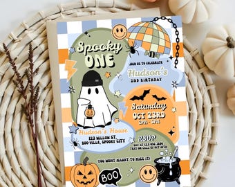 May include: A Halloween-themed invitation with the text "Spooky ONE" and "Hudson's 2nd Birthday." The design features a ghost, pumpkins, bats, and a cauldron. The color scheme includes orange, blue, and green, with a retro disco ball.