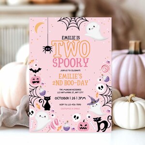 Editable Pink Two Spooky Halloween 1st Birthday Party Invitation Cute Girl Halloween 1st Birthday Spooktacular Birthday Instant Download