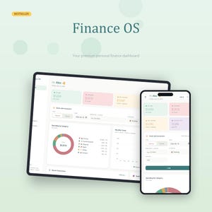 Może przedstawiać: Pulpit nawigacyjny finansów osobistych Finance OS wyświetlony na tablecie i smartfonie. Interfejs posiada jasne tło z kolorowymi kartami danych, wykresem pierścieniowym wydatków oraz polami do wprowadzania danych transakcji.