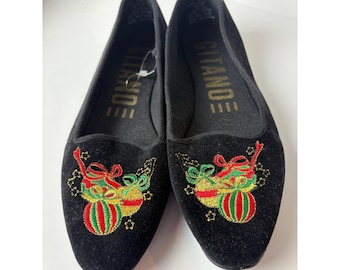 Bailarinas Gitano Vintage para mujer, talla 6.5, de terciopelo negro, con bordado de adorno navideño.
