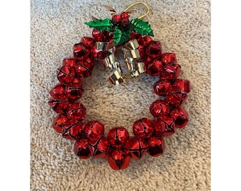 Vintage Red Jingle Bell Christmas Wreath Ornament with Holly and Ribbon Festive