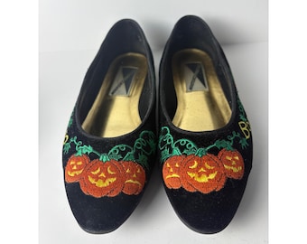 Vintage Mootsies Tootsies Women's 8M Black Velvet Halloween Pumpkin Embroidered
