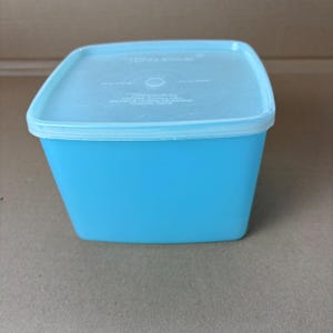 以下が含まれることがあります： 正方形の、水色のプラスチック容器とそれに合う蓋。容器は上部が広く、底部が狭い、わずかに先細りのデザインです。蓋は半透明です。