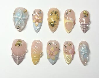 Handmade Stiletto Summer Press On Nails - Celestial Beach
