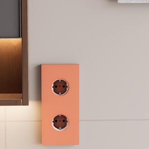 Può includere: Una placca rettangolare color pesca con due prese elettriche circolari sovrapposte verticalmente. Le prese presentano inserti circolari bianchi e interni scuri, montate a filo su una superficie murale liscia e chiara.