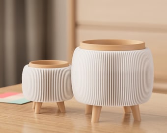 3D Printed Ribbed Plant Pot with Legs, Modern Minimalist Boho PLA Decor