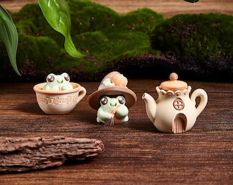 3D-geprinte kikkerbeeldje antistress set Witch Frog's Tea Time