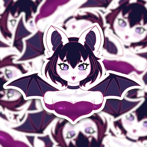 May include: A sticker featuring a cartoon bat with purple wings, black hair, and a pink dress. The bat has large, pink eyes and a pink nose. The sticker is on a white background.